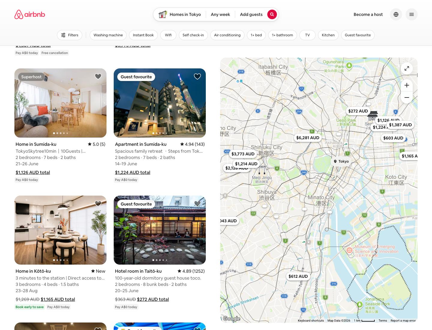 An Airbnb search results page showing the listing card grid with rounded photos, heart save toggles, prices, and star ratings, with no card shadows