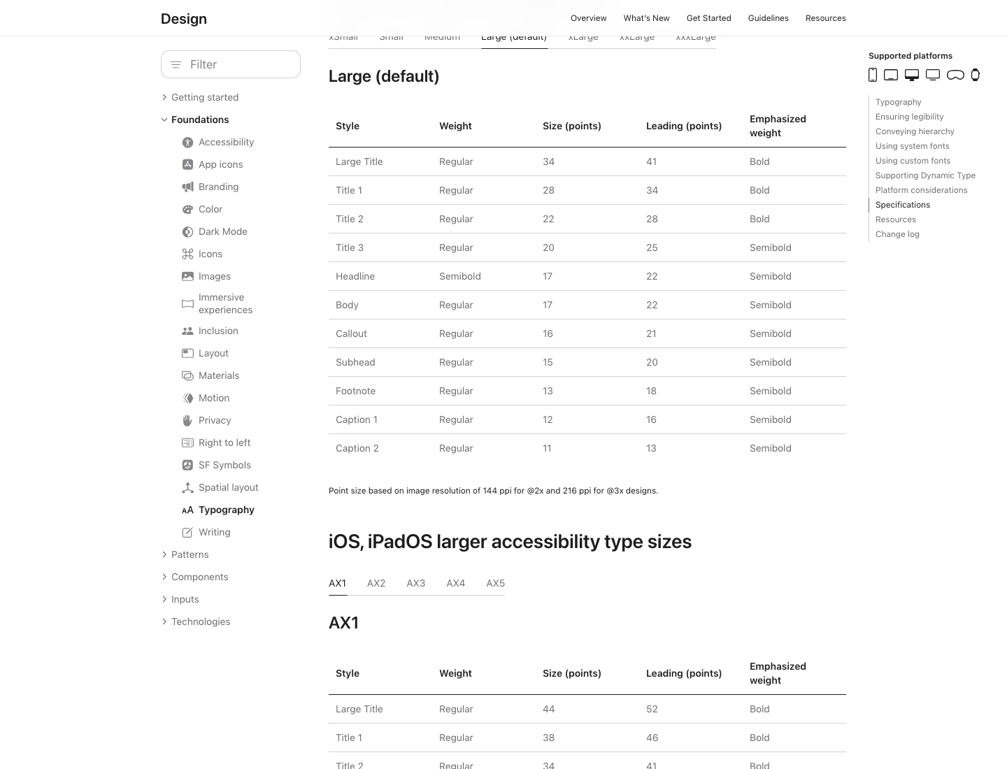 The Apple HIG iOS Dynamic Type specifications table at the Large default size, showing Large Title 34pt through Caption 2 11pt