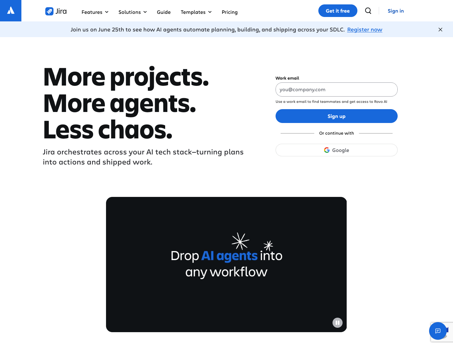The Jira product marketing page showing a bold Atlassian Sans headline, a calm black-and-white canvas, and a single brand-blue Sign up button