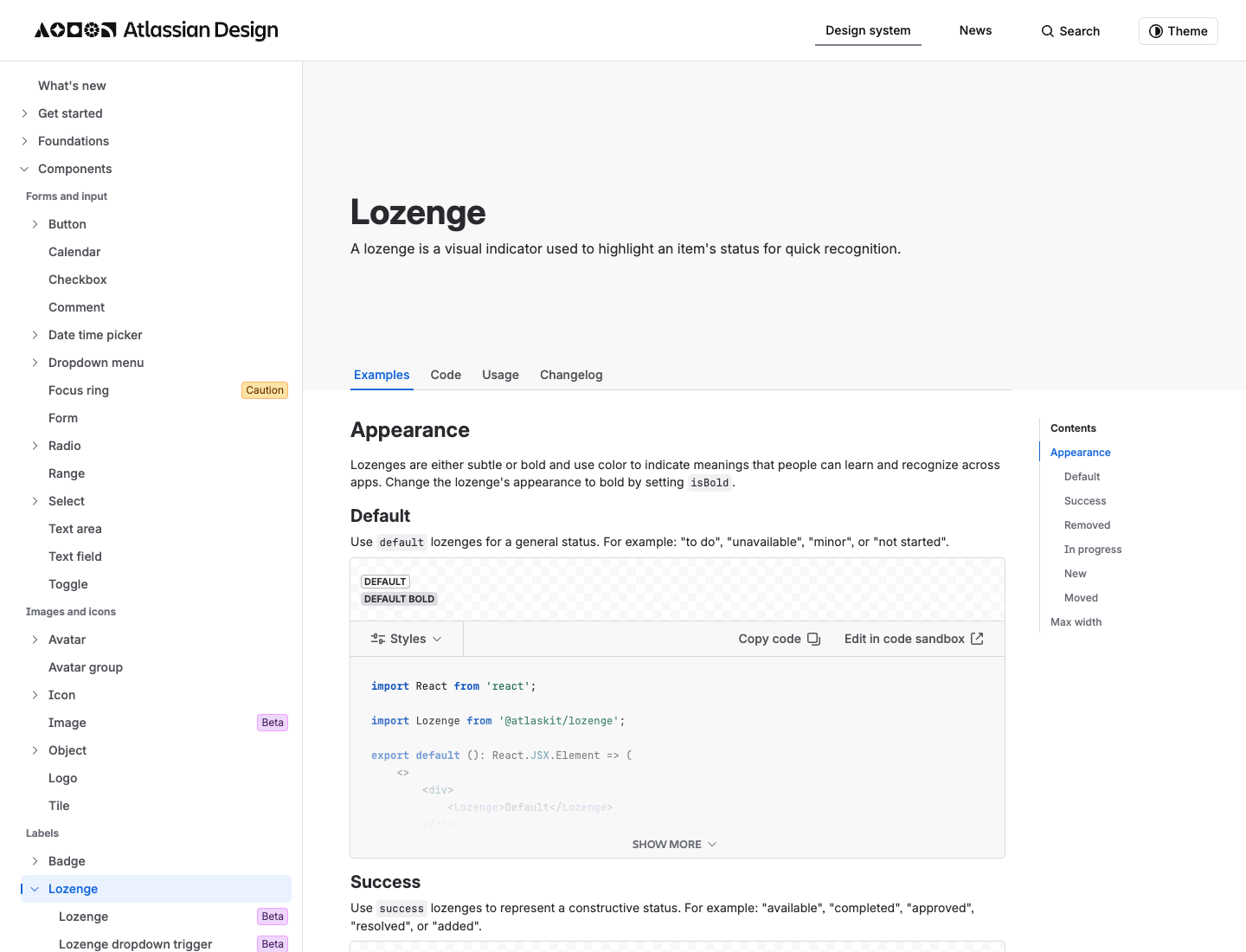 The Atlassian Lozenge component page showing the definition, the Default and Default Bold pills, and the @atlaskit/lozenge import