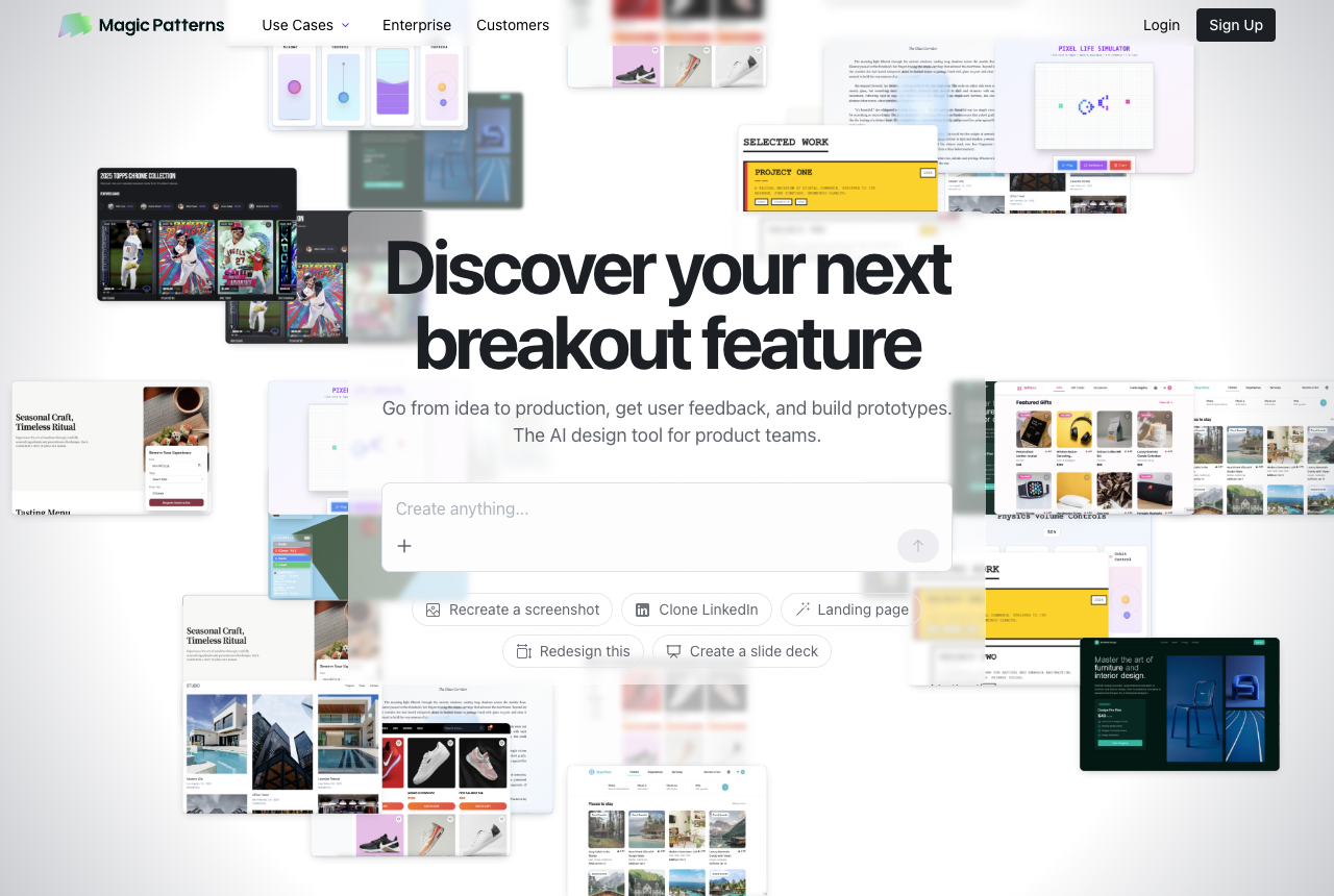 The Magic Patterns homepage reading Discover your next breakout feature