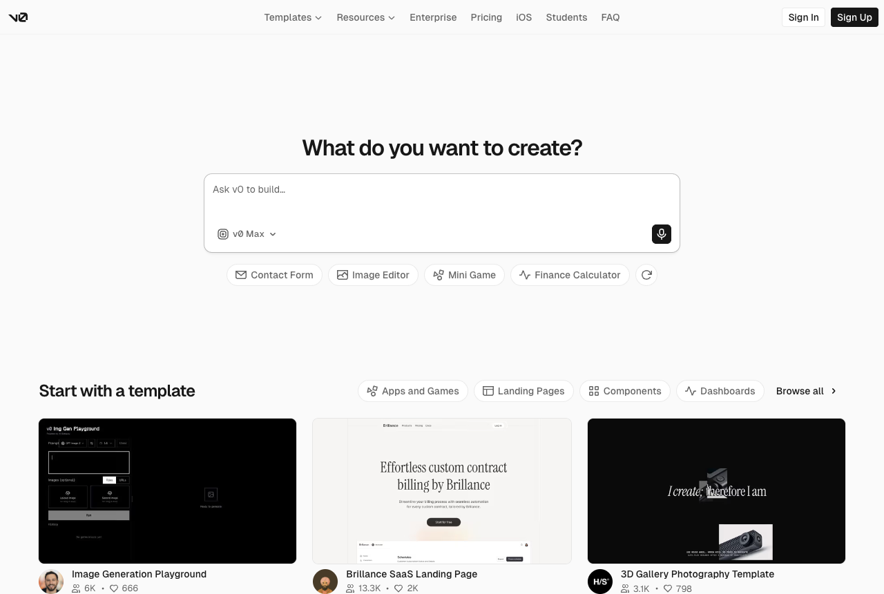 The v0 by Vercel interface with a prompt box and template gallery