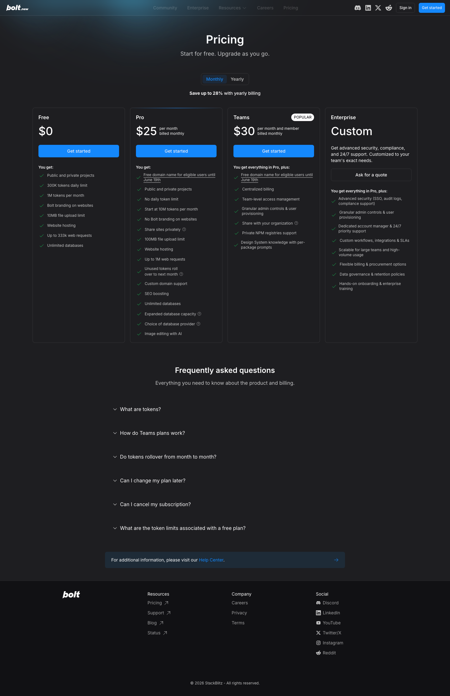 The bolt.new pricing page showing four plan cards: Free at zero dollars, Pro at twenty-five dollars per month, Teams at thirty dollars per member per month, and Enterprise with custom pricing, plus a Save up to 28 percent with yearly billing note