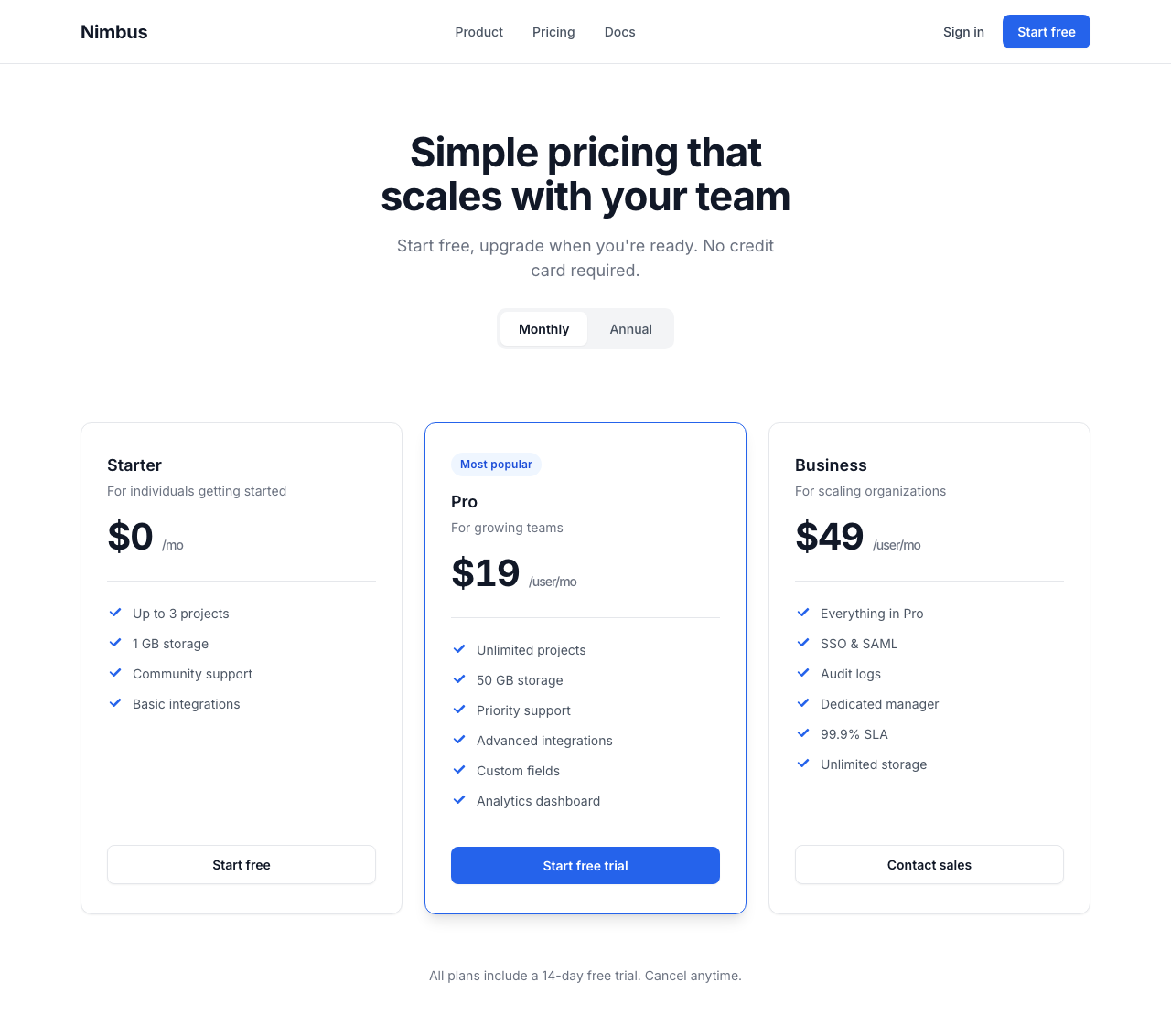The Nimbus pricing page after ui-skills' baseline-ui deslop pass: one blue accent, default shadows, restrained neutral layout