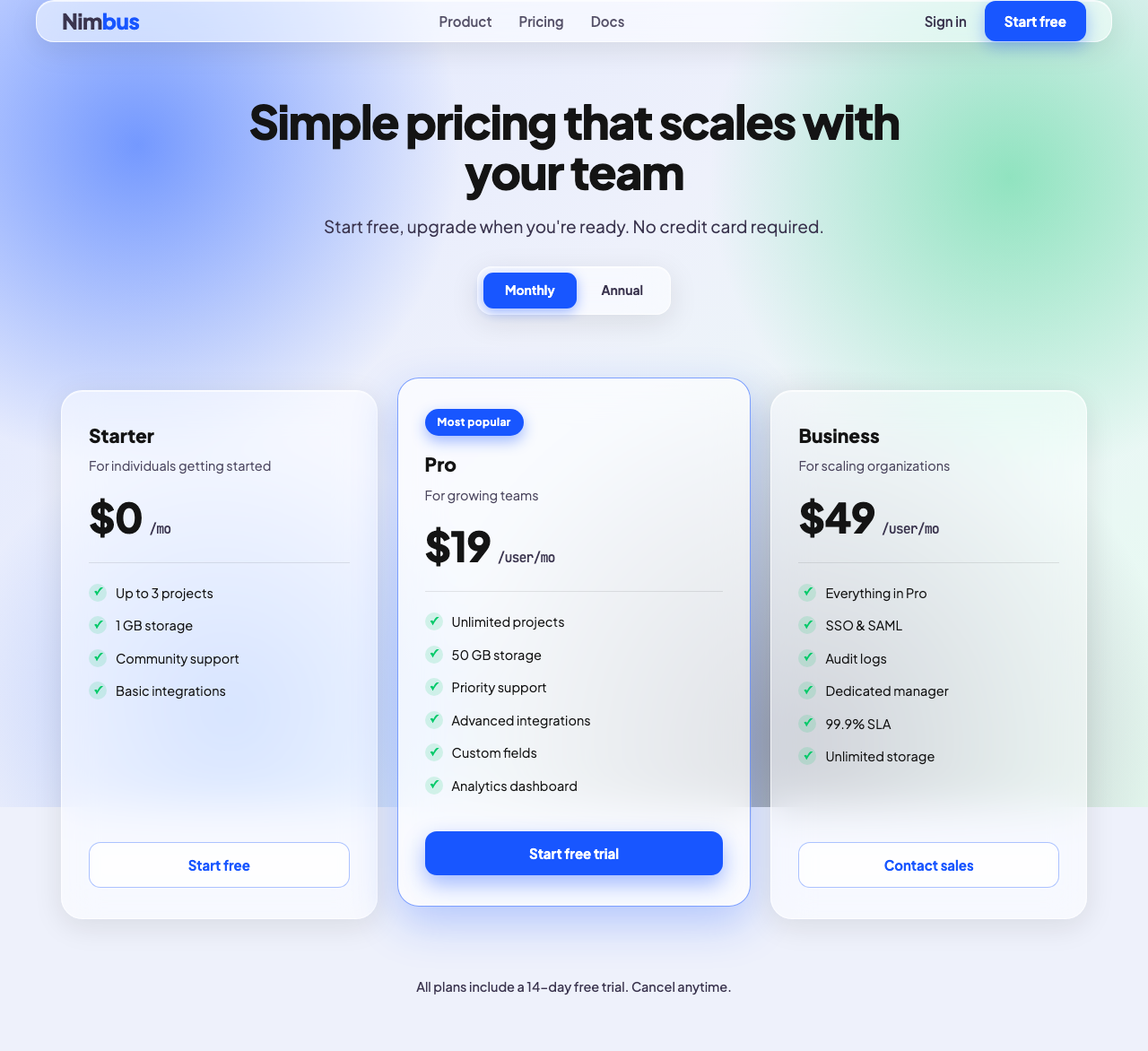 The Nimbus pricing brief rendered through the awesome-design-skills glassmorphism preset: frosted translucent cards on an ambient wash