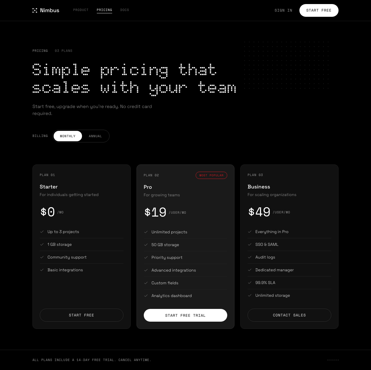 The Nimbus pricing page in the Nothing design language: OLED black, dot-matrix headline, mono instrument labels, one red Most Popular tag