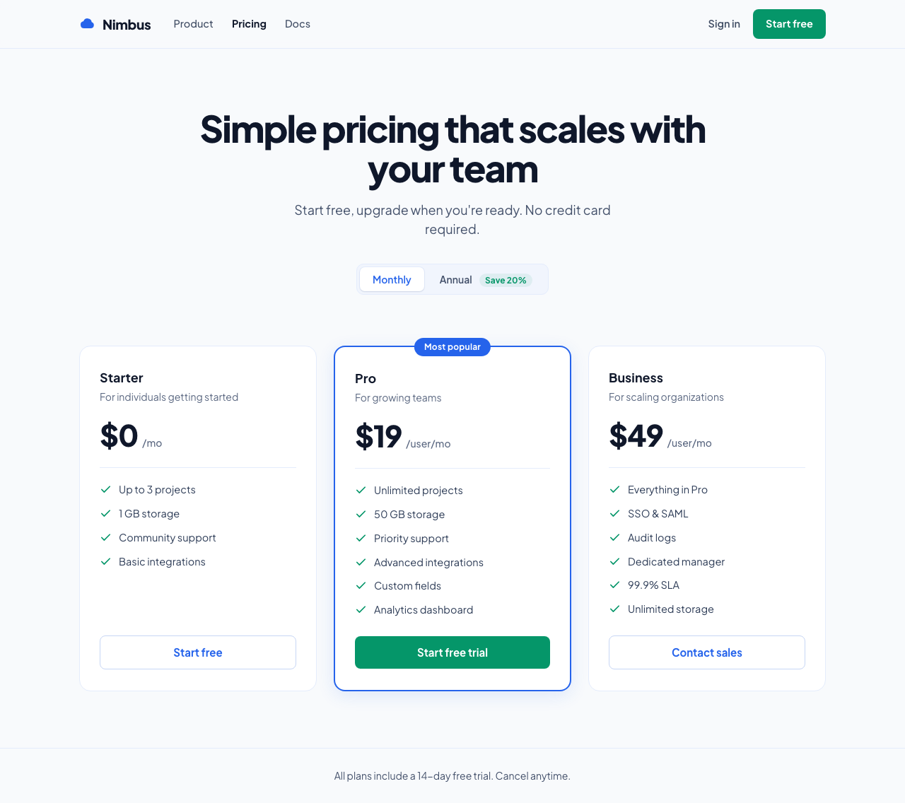 The Nimbus pricing page built from UI/UX Pro Max's actual engine recommendation: Swiss minimalist light layout, blue-ringed Pro card, green CTAs