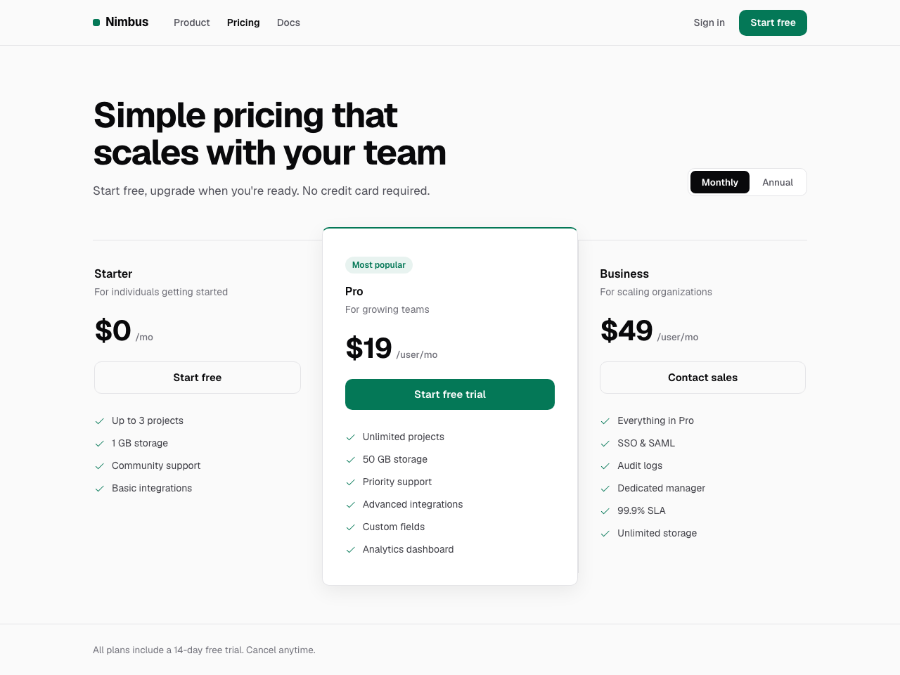 The Nimbus pricing page with Taste's rules applied: left-aligned hero, zinc neutrals, one emerald accent, only the Pro plan boxed as a card
