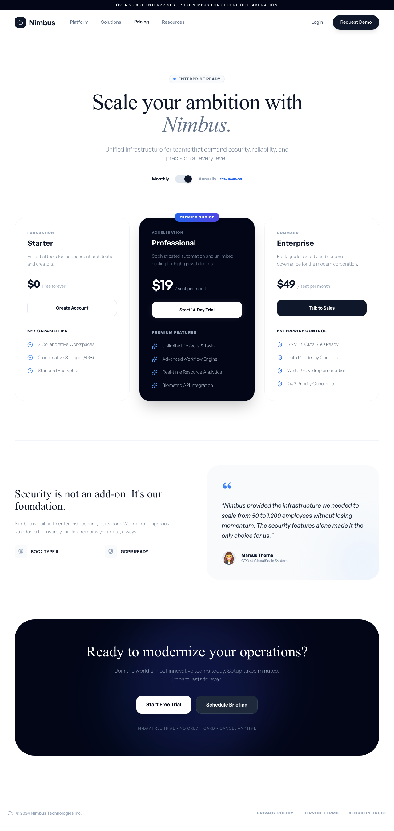 Superdesign's iterated Nimbus pricing page: serif display hero, trust bar, dark emphasized Pro card, security section with SOC2 and GDPR badges, testimonial and closing CTA