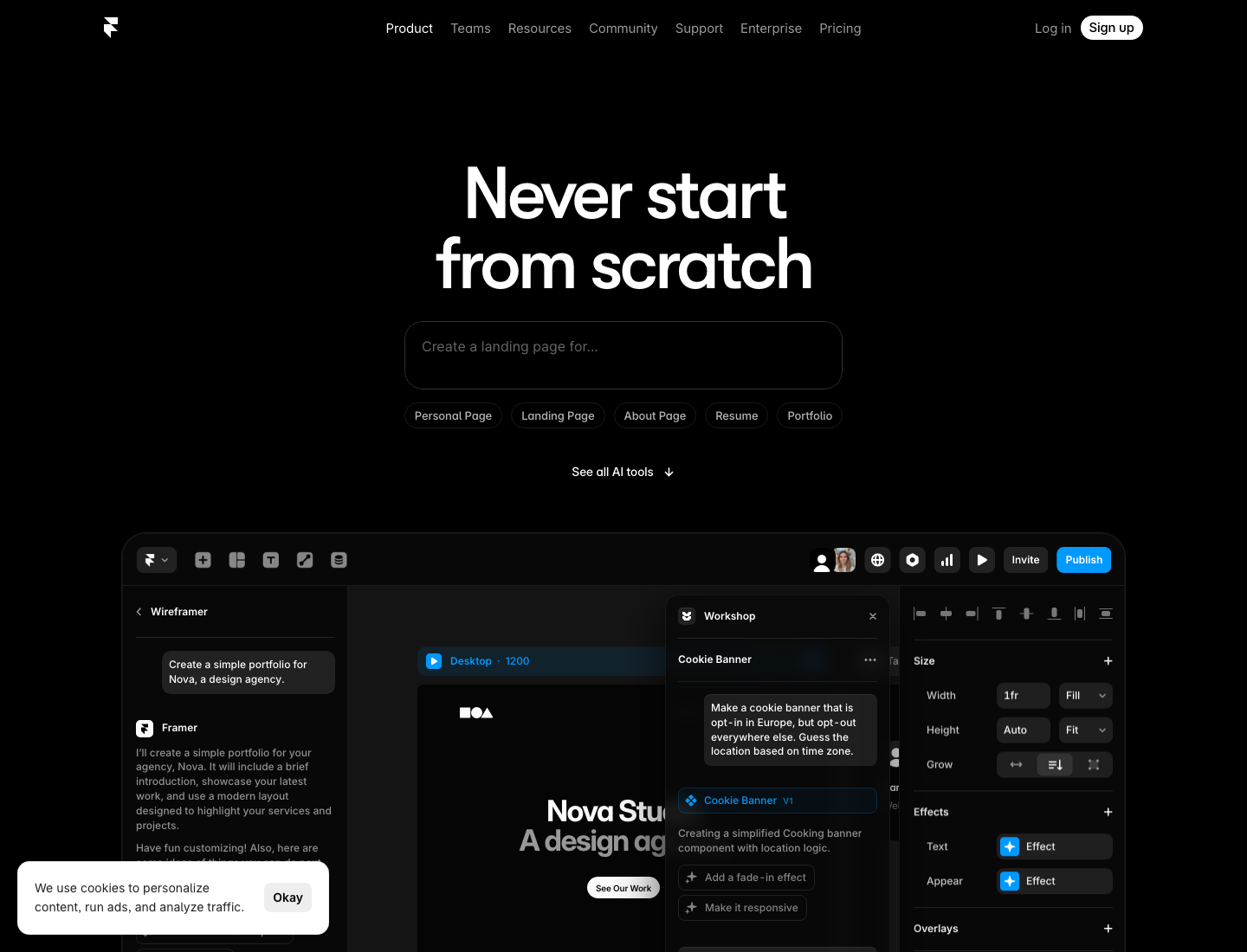 Framer's AI features page with the headline Never start from scratch, a prompt box reading Create a landing page for, and an in-editor view showing the Wireframer panel and a Workshop panel building a cookie banner component