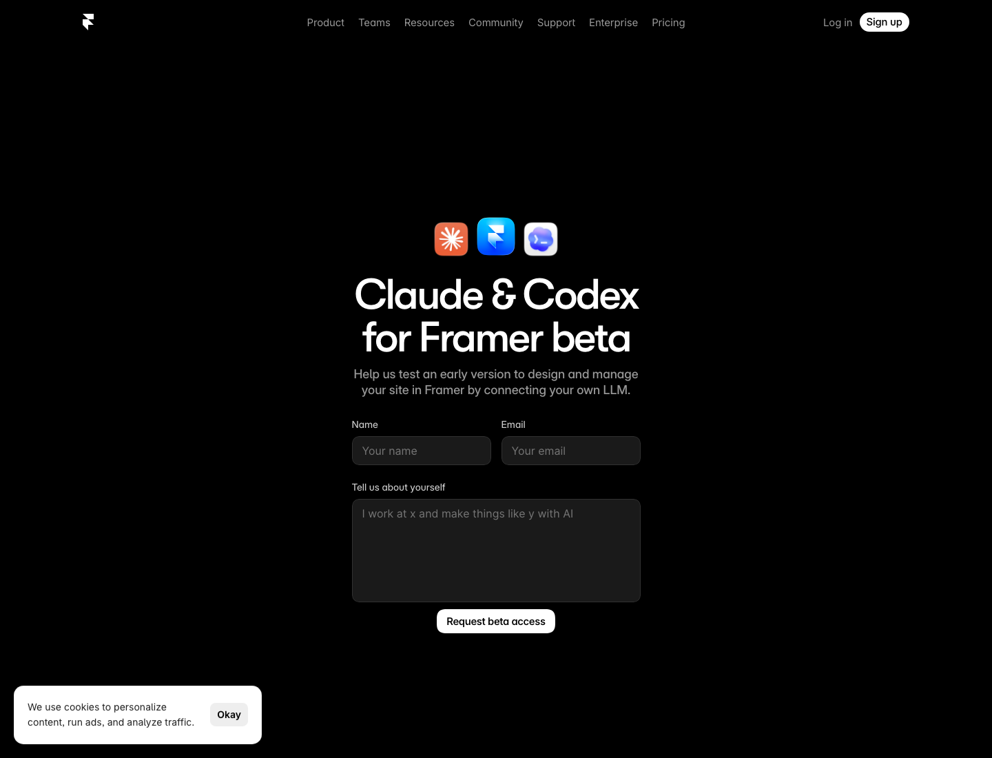 The Framer LLM beta page headed Claude and Codex for Framer beta, with the line Help us test an early version to design and manage your site in Framer by connecting your own LLM, and a request beta access form