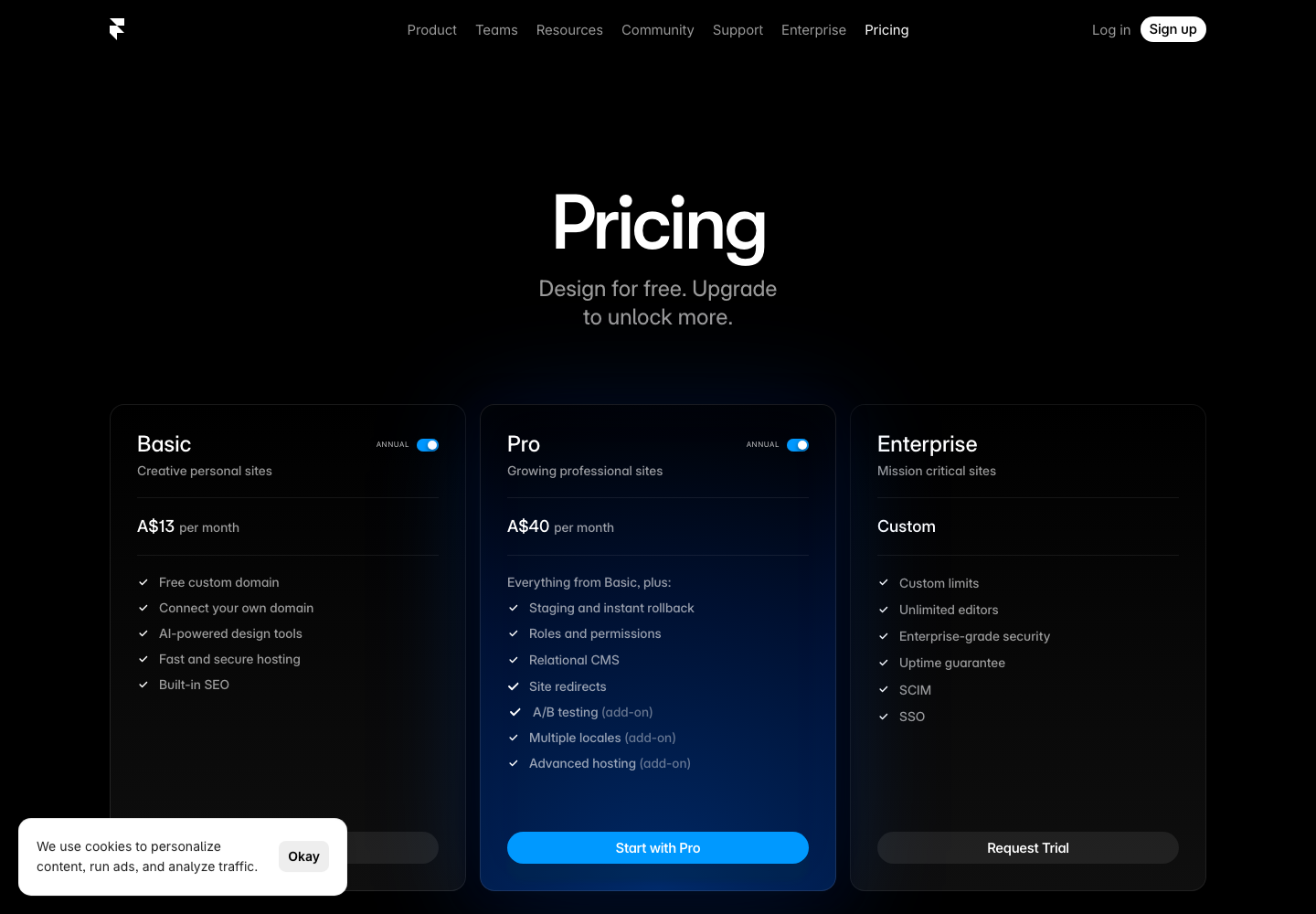 Framer pricing page showing three plan cards: Basic, Pro with Staging, CMS, A/B testing add-on, Multiple locales add-on, and Advanced hosting add-on, and Enterprise with custom pricing, under the headline Design for free, Upgrade to unlock more