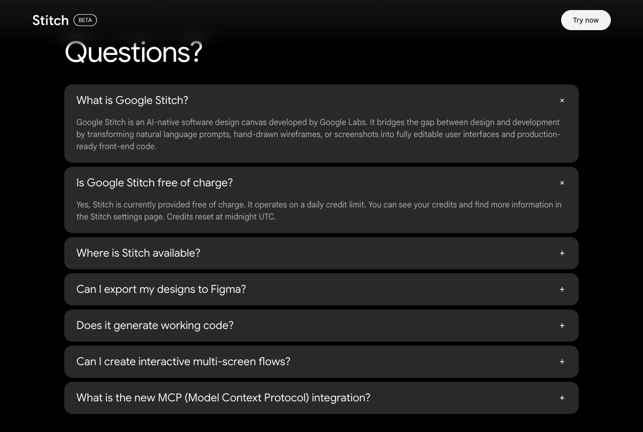 Google Stitch FAQ section with the question Is Google Stitch free of charge expanded, answering that Stitch is free, operates on a daily credit limit, and credits reset at midnight UTC