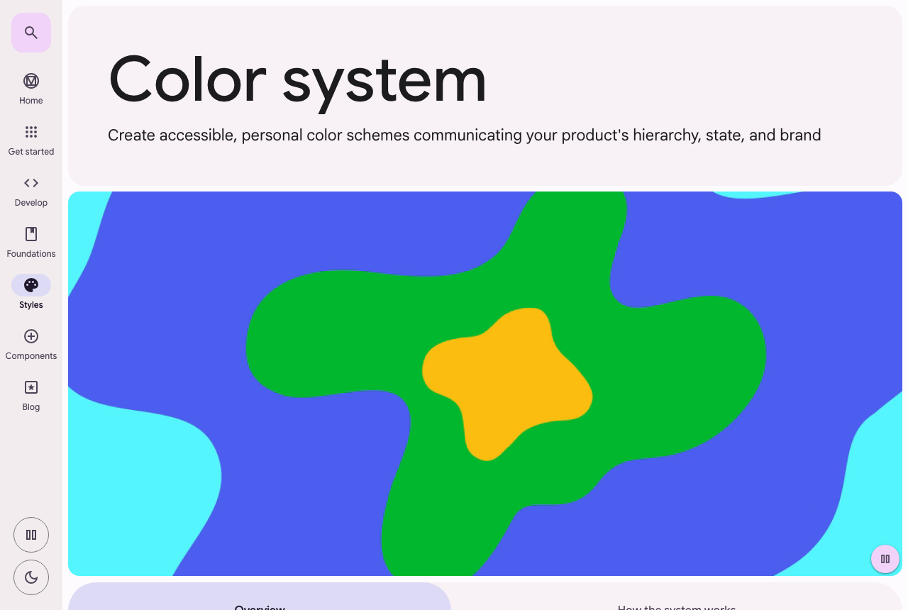 The Material Design 3 color system page on m3.material.io, showing the left navigation (Foundations, Styles, Components) and the Color system heading with Google's signature colorful blob illustration