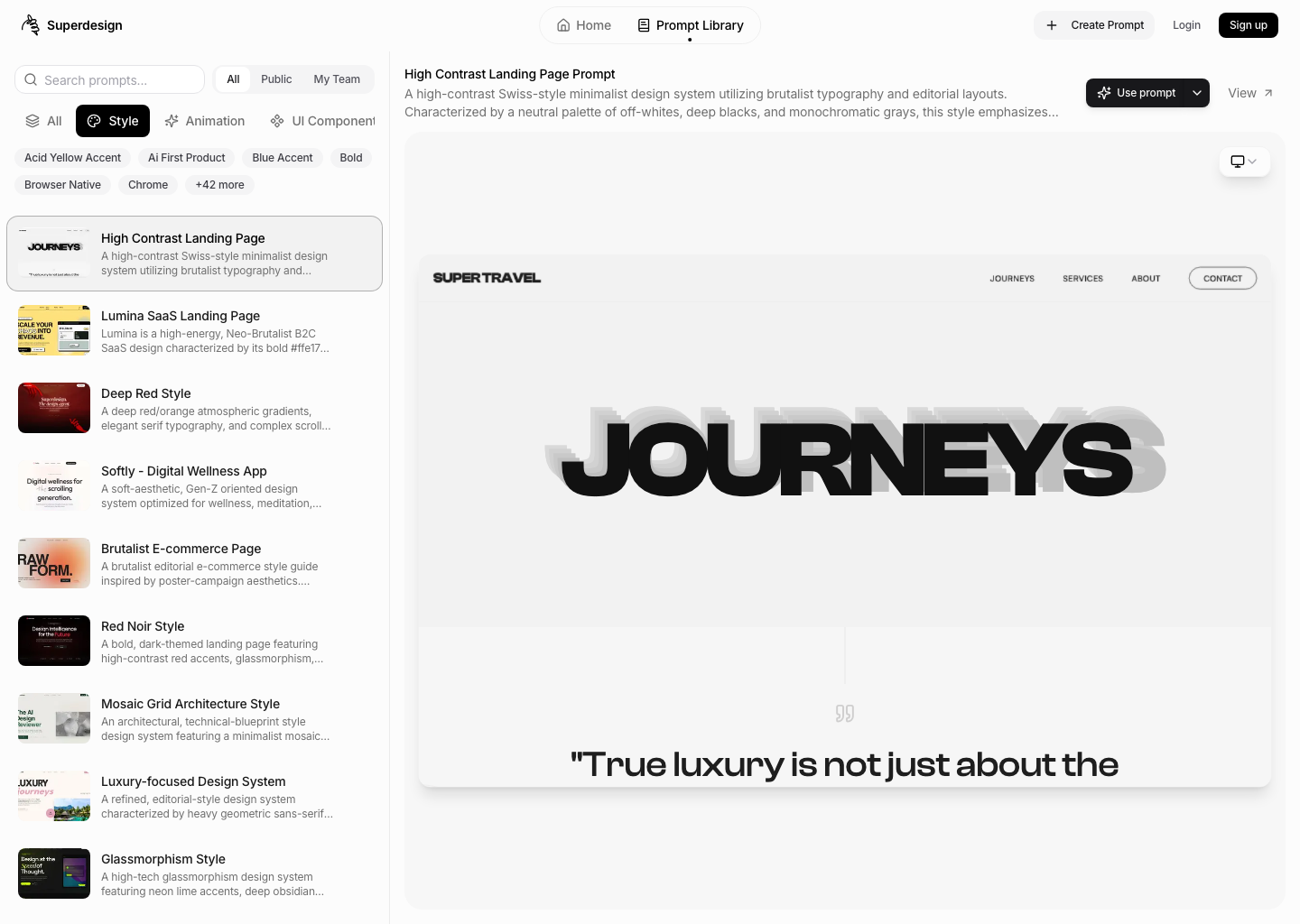The Superdesign prompt library, a searchable grid of UI design prompts with a live preview