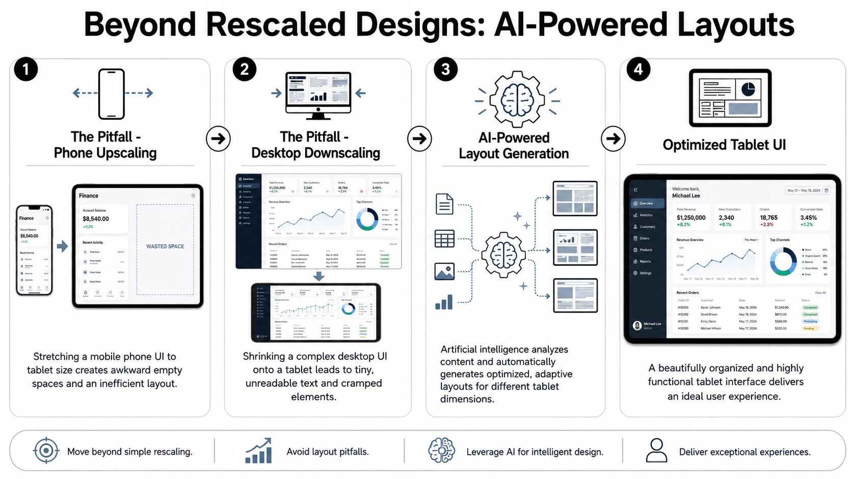 An infographic in four steps: phone upscaling leaves wasted space, desktop downscaling cramps elements, AI-powered layout generation analyzes content, and the result is an optimized tablet UI.