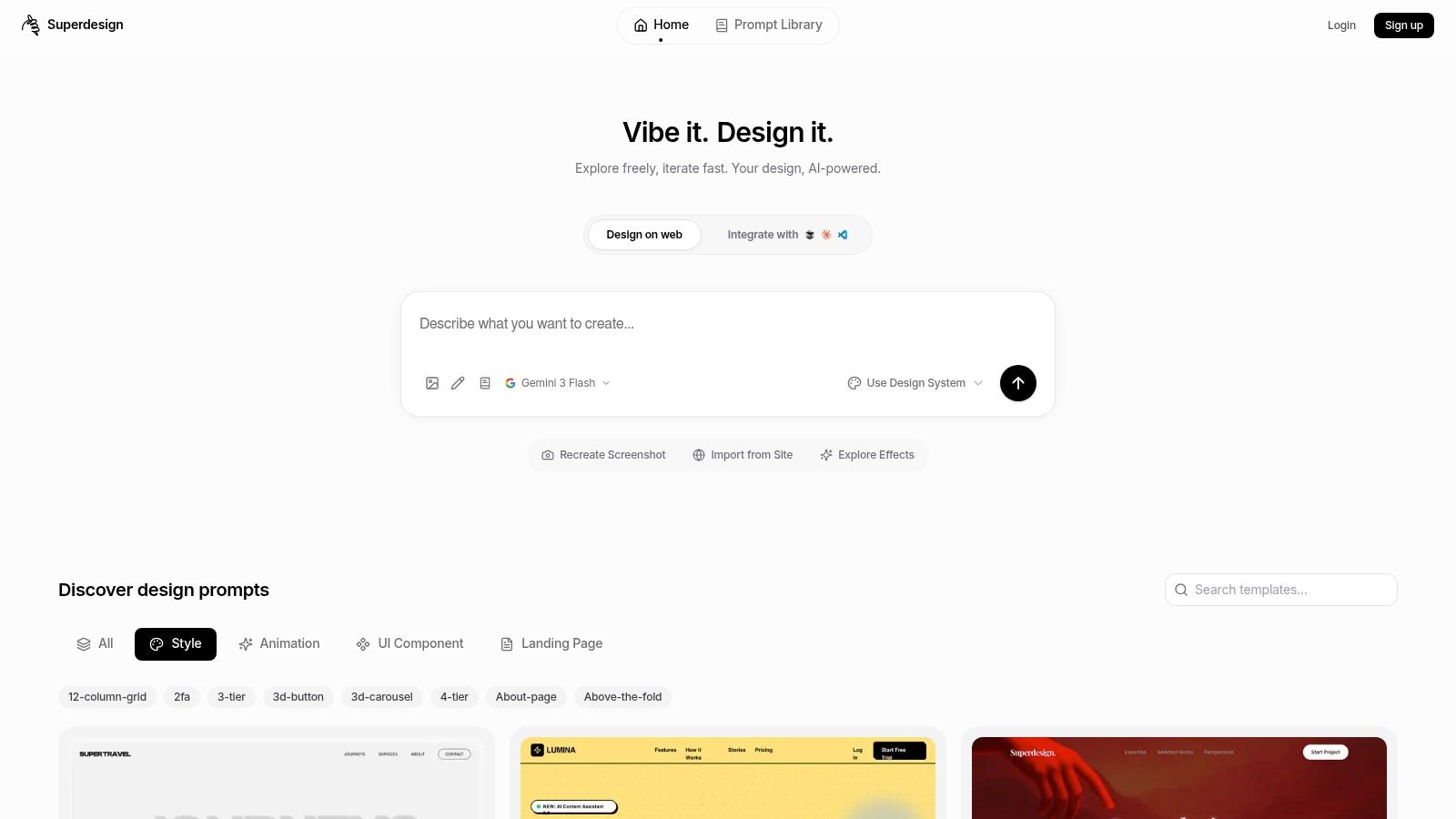 The Superdesign web app homepage with a prompt box reading Describe what you want to create, model and design-system controls, and a Discover design prompts library below.