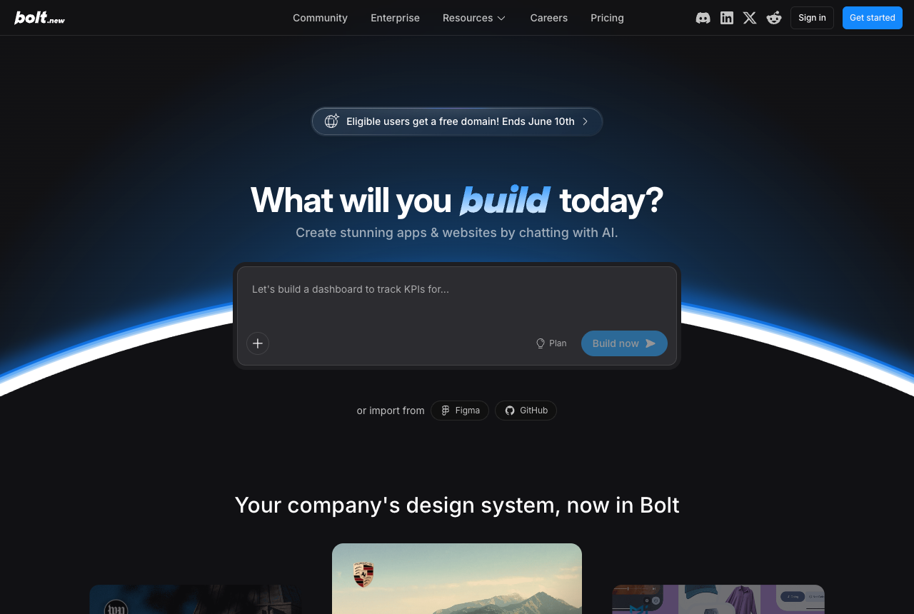 Bolt.new homepage with a What will you build today prompt box and import from Figma or GitHub options
