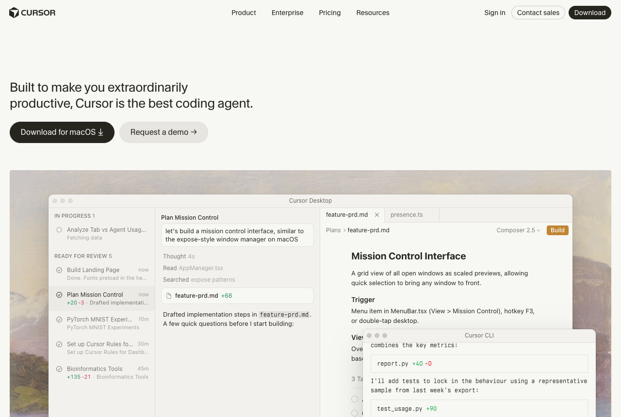 Cursor homepage describing itself as the best coding agent, with the in-editor view