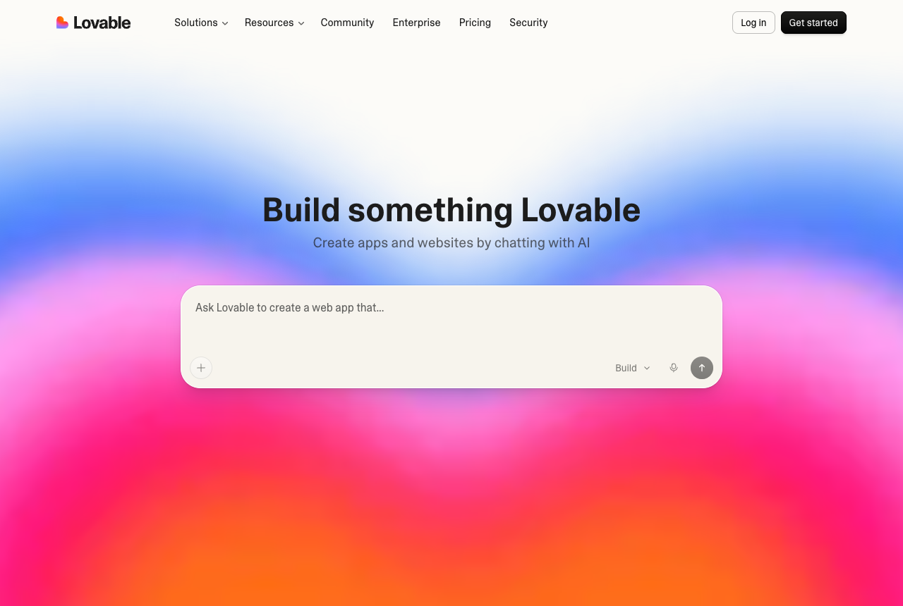 Lovable homepage with the headline Build something Lovable and a prompt box to create an app by chatting with AI