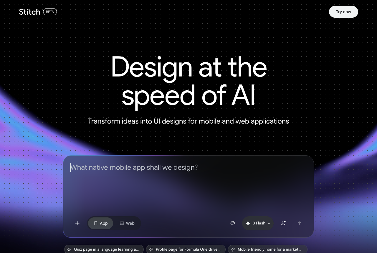 The Google Stitch landing page reading Design at the speed of AI