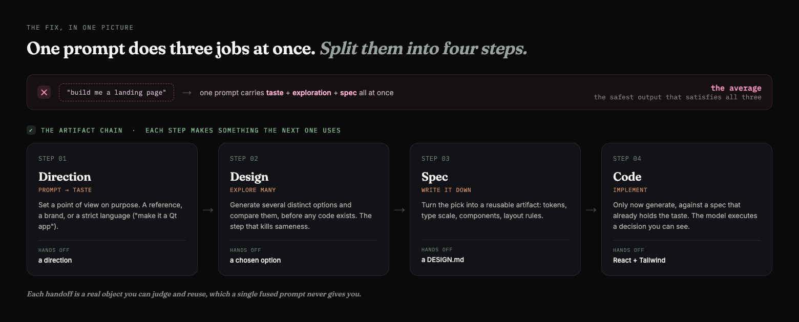 Infographic titled One prompt does three jobs at once, split them into four steps. A red crossed-out row shows a single prompt carrying taste plus exploration plus spec all at once, producing the average. Below it, a four-step chain connected by arrows: Step 01 Direction hands off a direction; Step 02 Design, explore many, hands off a chosen option; Step 03 Spec, write it down, hands off a DESIGN.md; Step 04 Code, implement, hands off React and Tailwind.